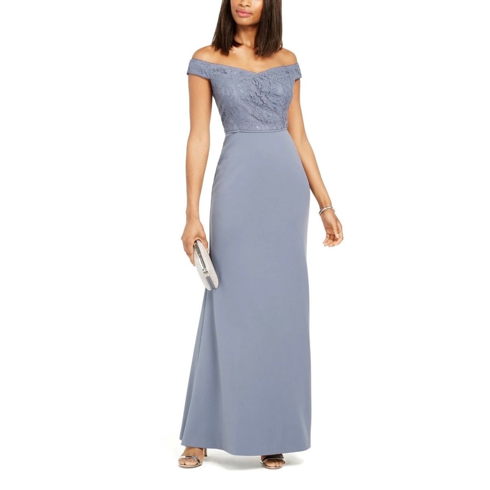 Adrianna Papell Lace Crepe Gown Dusty Blue Off Shoulder Dress AP1E207934‎ Size 8